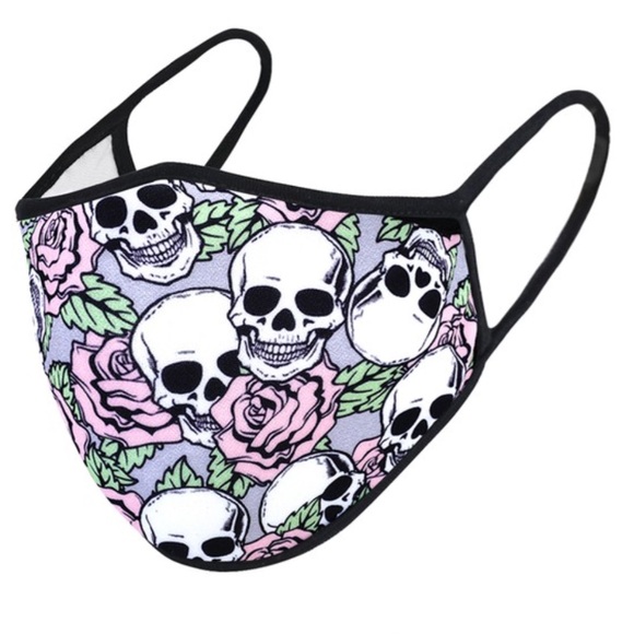 IN STOCK Fast Ship Black Skull Pink Rose Face Mask - Picture 4 of 8